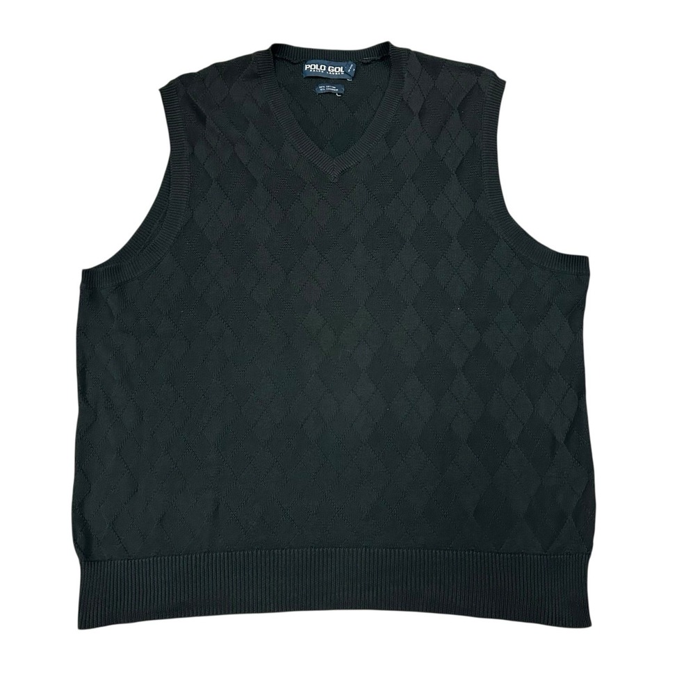 Polo Golf Ralph Lauren Sweater Vest XL Black Cotton Cashmere‎ Argyle V-Neck